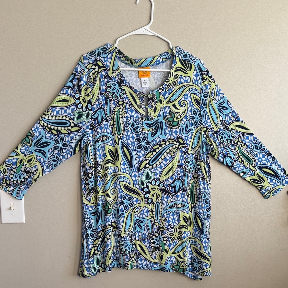 Ruby Rd. Navy, Blue & Lime Paisley Split-Neck Tunic